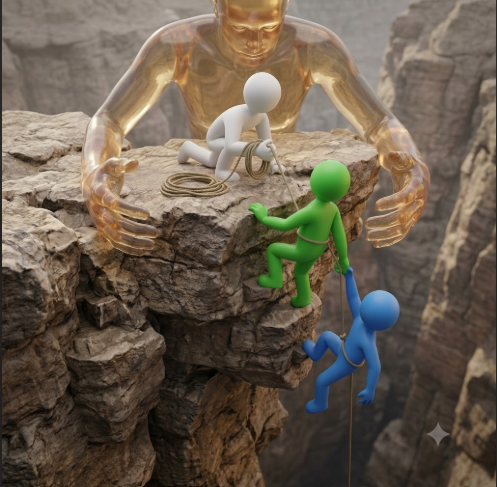 A 3D illustration of three colorful figures—one white, one green, one blue—climbing a rocky cliff while a translucent golden figure watches over them.