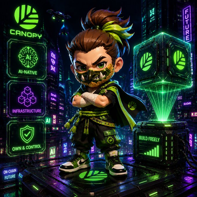 A vibrant digital illustration of a chibi-style cyberpunk ninja character standing on a platform in a neon city, surrounded by holographic panels labeled 'CANOPY', 'AI-NATIVE', 'INFRASTRUCTURE', 'OWN & CONTROL', and 'BUILD FREELY', with 'ON-CHAIN FUTURE' and 'FUTURE' visible.