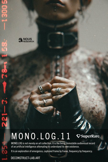 A promotional poster for 'MONO.LOG.11' from 'Nous Research' and 'SuperRare', featuring a person with a lip piercing and rings, with text describing it as 'an exploration of emergence, captured frame by frame, frequency by frequency.'