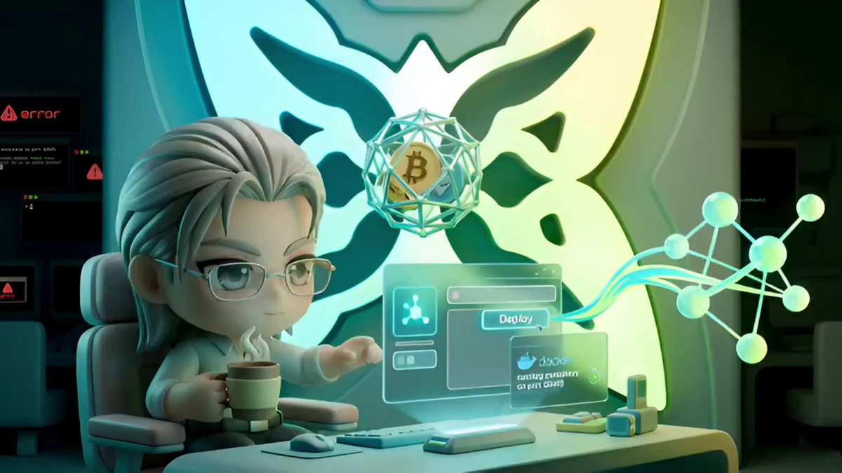 The image features a cartoon character sitting at a desk with a computer monitor displaying a webpage that says "Dalily" on it. The character appears to be drinking coffee from a cup while working on their computer, which has a butterfly design on its screen. The background of the image is dark and filled with various computer screens, suggesting an office environment or a tech-related setting. The post about the Node Manager update implies that the character might be involved in some sort of tech project or job related to the Node Manager feature.