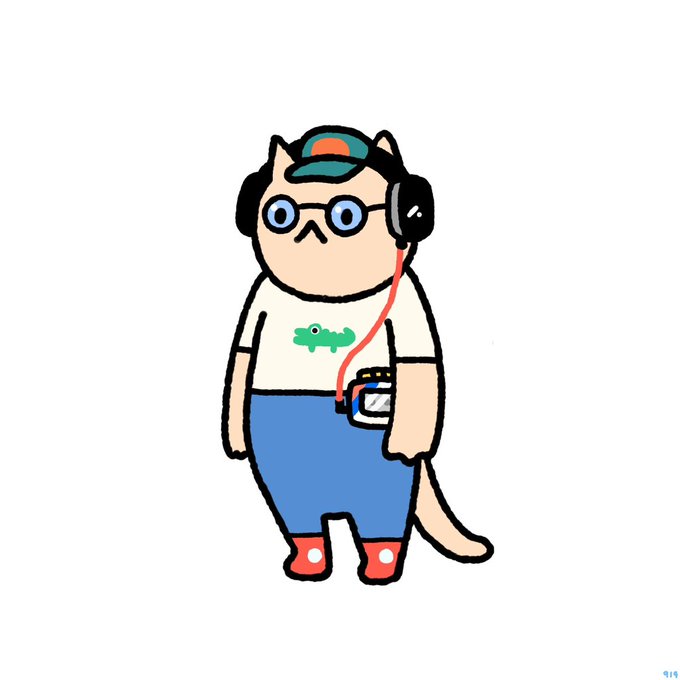 A cartoon drawing of a chubby cat-like character wearing glasses, a backward cap, headphones, and a t-shirt with a green crocodile logo, holding a music player.