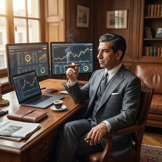 A distinguished man in a pinstripe suit smokes a cigar while intently watching cryptocurrency charts across multiple monitors displaying candlestick graphs and "crypto" data in a wood-paneled office.

The image illustrates the post's theme of patient market analysis, depicting a seasoned trader calmly observing the charts rather than forcing trades during the messy, indecisive market conditions described—embodying the wisdom to wait for clearer direction before committing capital.