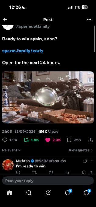 A mobile screenshot of an X (Twitter) post from @spermdotfamily saying 'Ready to win again, anon?' with link 'sperm.family/early', showing 196K views, 1.9K replies, 1.8K reposts, and 2.3K likes, with a reply from Mufasa saying 'I'm ready to win'.