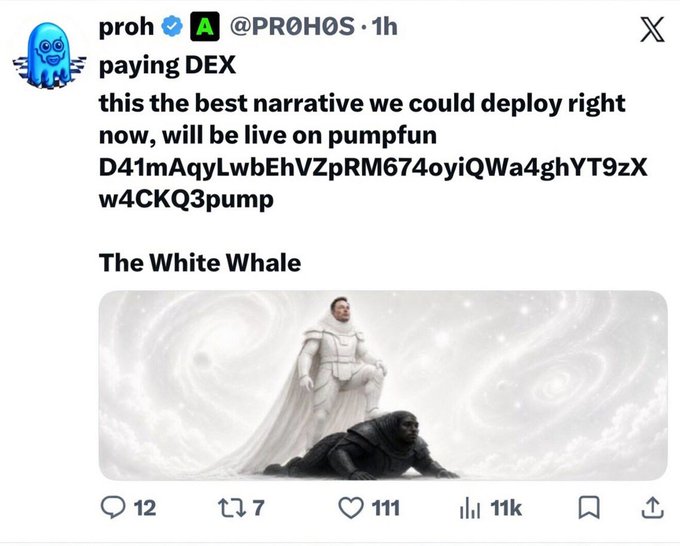 A tweet from user @PR0H0S (proh) about a 'paying DEX' that will be live on pump.fun, referencing a Solana token contract address, accompanied by an image of 'The White Whale' showing a figure in white armor.