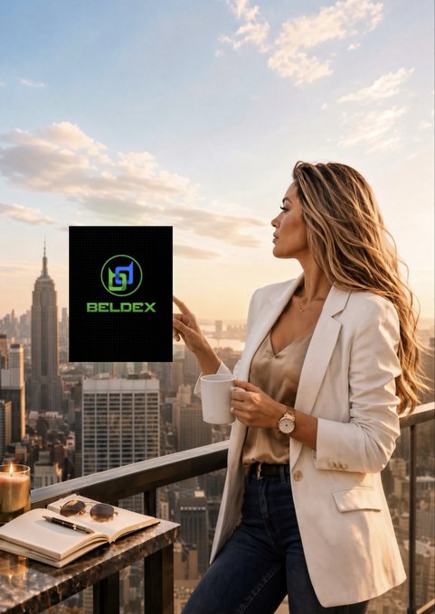 A stylish woman in a cream blazer sips coffee on a rooftop overlooking a city skyline, with the Beldex logo and "BELDEX" text displayed beside her, visually reinforcing the post's theme of seeking privacy-focused alternatives for everyday digital activities.