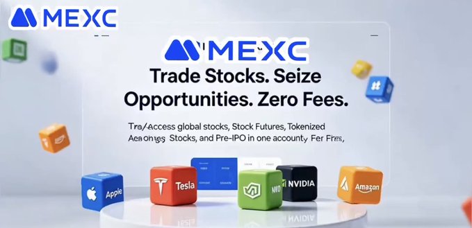 A promotional advertisement for MEXC exchange featuring the tagline 'Trade Stocks. Seize Opportunities. Zero Fees.' with text promoting global stocks, Stock Futures, Tokenized Stocks, and Pre-IPO access, alongside 3D blocks displaying logos for Apple, Tesla, Microsoft, NVIDIA, and Amazon.