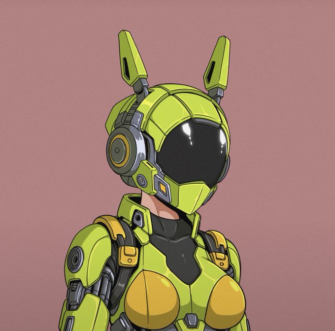 An anime-style illustration of a character wearing a futuristic, bright green and yellow armored suit with a sleek helmet featuring rabbit-like antennae, set against a solid pink background.