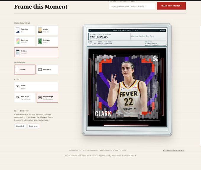 A 'Frame this Moment' interface from Inshot, displaying a customized Caitlin Clark WNBA Top Shot collectible card featuring the Indiana Fever #22 player in a vertical frame.
