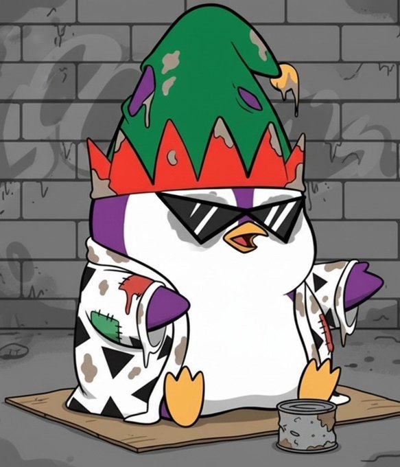 A cartoon penguin wearing a green elf hat, sunglasses, and a patched white robe sits on cardboard next to a paint can against a brick wall.