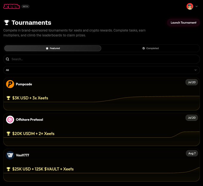 Screenshot of an XCB (BETA) Tournaments interface listing featured competitions including Pumpcade ($3K USD + 3x Xeets), Offshore Protocol ($20K USDM + 2x Xeets), and Vault777 ($25K USD + 125K $VAULT + Xeets).