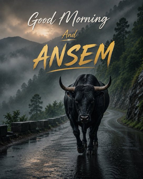 A motivational graphic with the text 'Good Morning And ANSEM' in white and gold lettering, featuring a large black bull walking down a wet mountain road amidst misty forests.