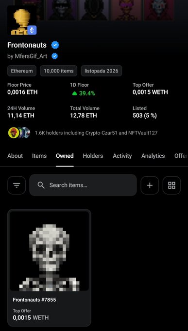 The image shows an NFT collection page for "Frontonauts" on what appears to be OpenSea, displaying stats like a floor price of 0.0016 ETH, 11.14 ETH 24H volume, and notably only 503 items listed out of 10,000 items total—directly supporting the post's observation about limited availability in the collection.