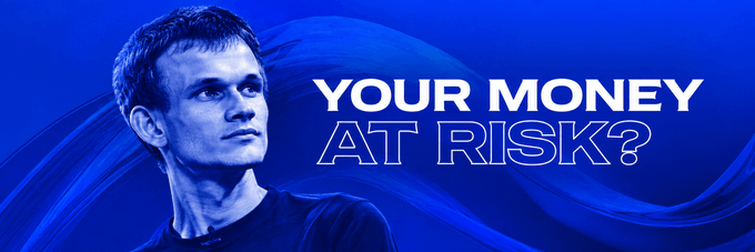 A blue-toned banner features a man looking upward alongside the bold white text 'YOUR MONEY AT RISK?', set against a swirling blue background.