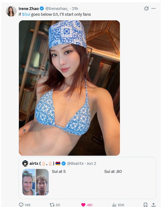 The image features a woman wearing a blue bikini top and a white headband with a patterned design. She poses for a picture while standing next to a glass door or window. The photo also includes a screenshot of another person's social media account, which is titled "Irene Zhao @Irenezhao_ I know you're a huge KOL in China with tons of alpha Can you DM me what upcoming plays will be similar to $RAVE #Lab? I'M A True Fan Of You For Many Years, Even If A Lot Of People Criticize You".