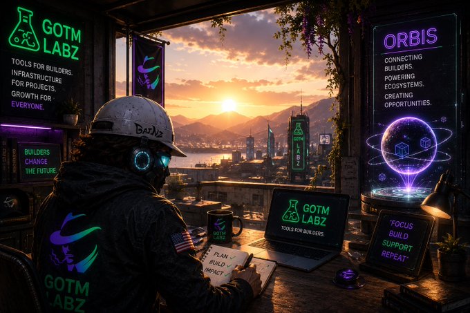 A digital artwork of a person in a hard hat and tech gear working at a desk, overlooking a cityscape at sunset. The scene is branded with 'GOTM LABZ' and 'ORBIS' signage, with text including 'Tools for builders', 'Infrastructure for projects', and 'Focus Build Support Repeat'.