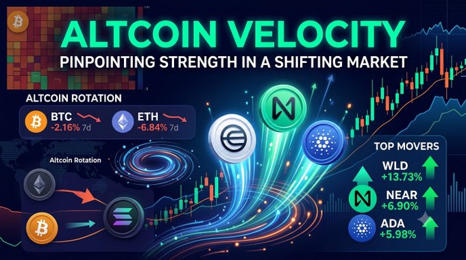 A crypto market graphic titled 'ALTCOIN VELOCITY - PINPOINTING STRENGTH IN A SHIFTING MARKET' displaying BTC -2.16% 7d, ETH -6.84% 7d, and top movers WLD +13.73%, NEAR +6.90%, ADA +5.98%.