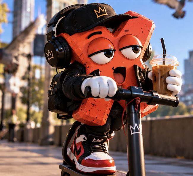 A 3D-rendered orange blocky character wearing a black cap with a crown logo, black headphones, and red-and-white sneakers, riding a scooter while holding an iced coffee cup.