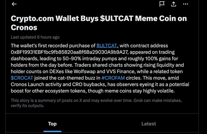 A news article screenshot titled 'Crypto.com Wallet Buys $ULTCAT Meme Coin on Cronos,' detailing the wallet's first recorded purchase of the meme token.