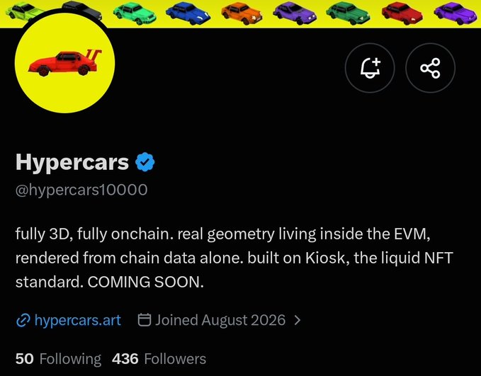 A Twitter/X profile for 'Hypercars' (@hypercars10000) with a verified checkmark, describing itself as 'fully 3D, fully onchain' and 'COMING SOON', built on Kiosk NFT standard, with 50 Following and 436 Followers.