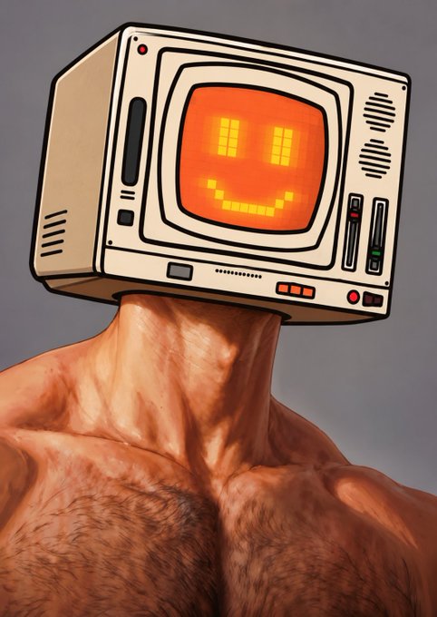 An illustrated, muscular, shirtless figure with a retro computer monitor for a head displaying a glowing orange pixelated smiley face.