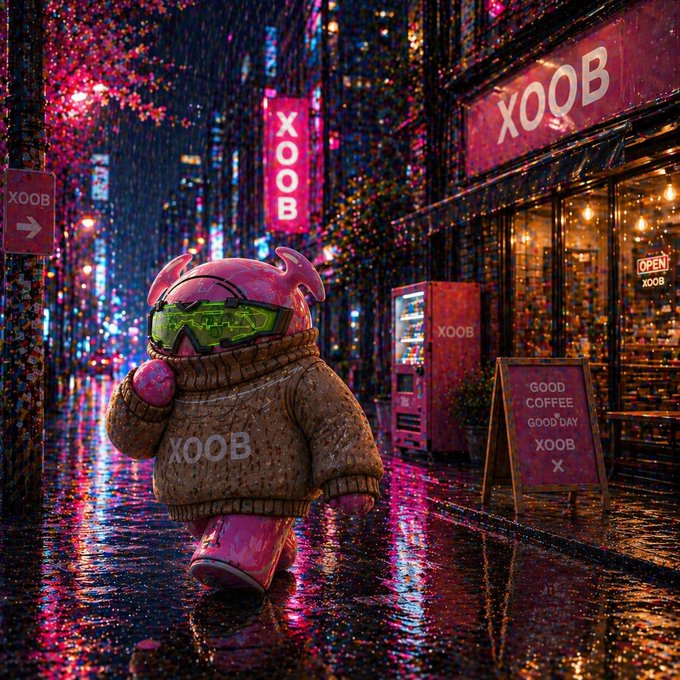 The image features a pink robot walking down a wet city street at night with neon signs for "XOOB" and "quip". The robot has a brown sweater, green goggles, and pink boots, giving it a unique appearance as it navigates through the rain-soaked streets. The surrounding buildings are illuminated by bright lights, creating an urban atmosphere that contrasts with the rainy weather outside. The image also includes text related to web3 projects like "XOOB" and "quip", suggesting that this scene is set in a city where cutting-edge technology and digital innovation are prominent.