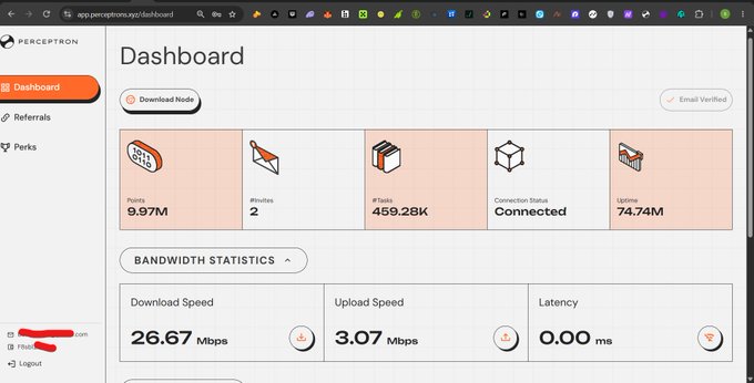 A Perceptron dashboard screenshot showing metrics including 9.97M Points, 459.28K Tasks, 'Connected' status, and bandwidth statistics with a Download Speed of 26.67 Mbps, Upload Speed of 3.07 Mbps, and Latency of 0.00 ms.