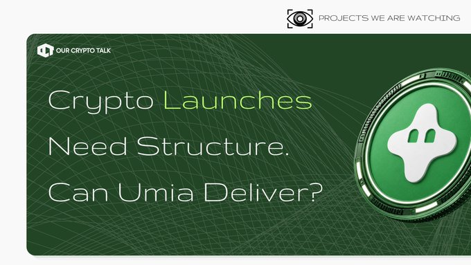 A promotional graphic reading 'Crypto Launches Need Structure. Can Umia Deliver?' featuring a green 3D coin with a ghost-like logo.