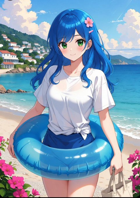 A blue-haired anime girl with green eyes, wearing a white t-shirt and blue shorts, stands on a sunny beach holding a blue inflatable swim ring, with a coastal town and pink flowers in the background. The image evokes a relaxed, summer vibe, contrasting with the post's message about the disciplined, consistent work required to build the NomismaNetwork ecosystem.