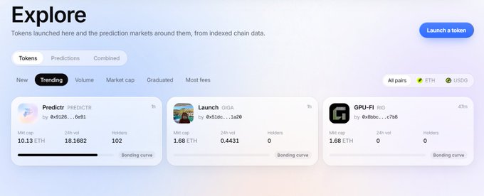 An 'Explore' dashboard for tokens launched, showing trending tokens like 'Predictr', 'Launch', and 'GPU-Fi' with market caps in ETH and USDC options.