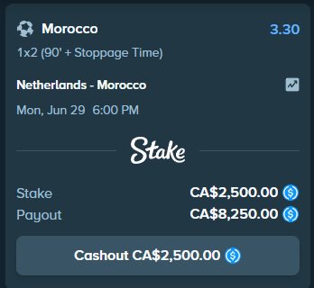 A Stake betting slip shows a successful $2,500 wager on Morocco defeating Netherlands at odds of 3.30, with a potential payout of CA$8,250, shared as part of a $250 ETH giveaway promotion.