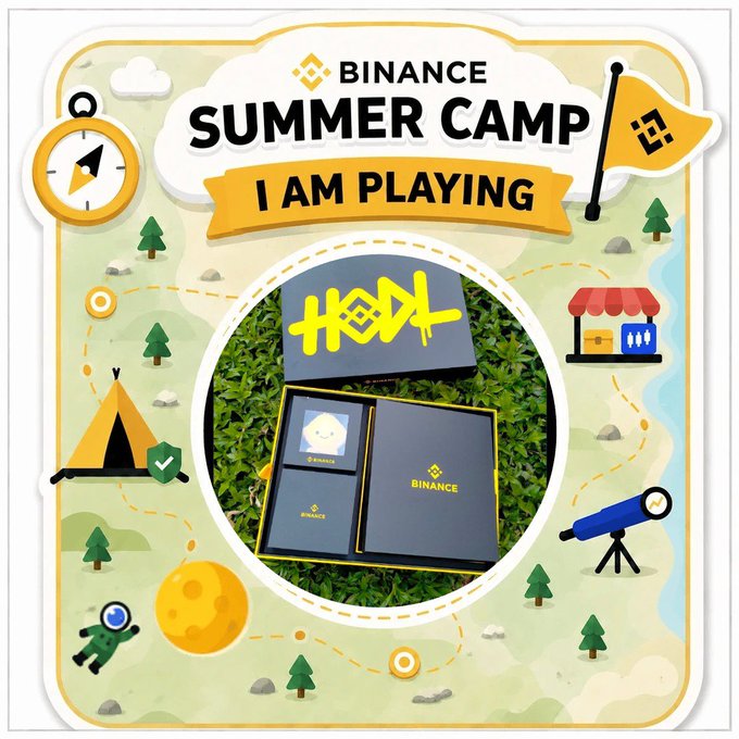 A promotional graphic for 'BINANCE SUMMER CAMP I AM PLAYING' features a map design and a photo of merchandise in the center.