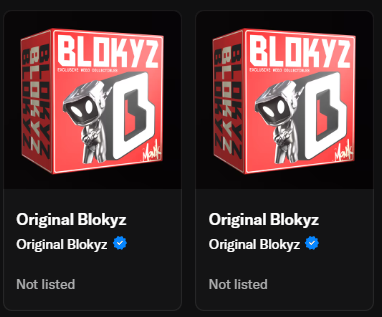 Two identical NFT listings for 'Original Blokyz' by Blokyz NFT Adventures, both marked as 'Not listed' and verified.