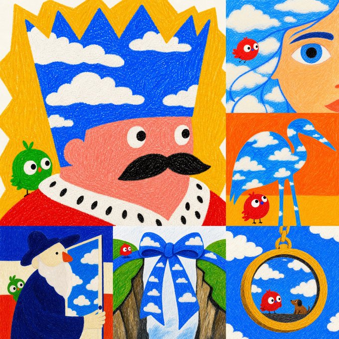 A colorful collage of six separate illustrations featuring characters like a mustached king, a woman with blue hair, a heron, a sailor, a gift bow, and a bird in a pendant, alongside small green and red bird characters.