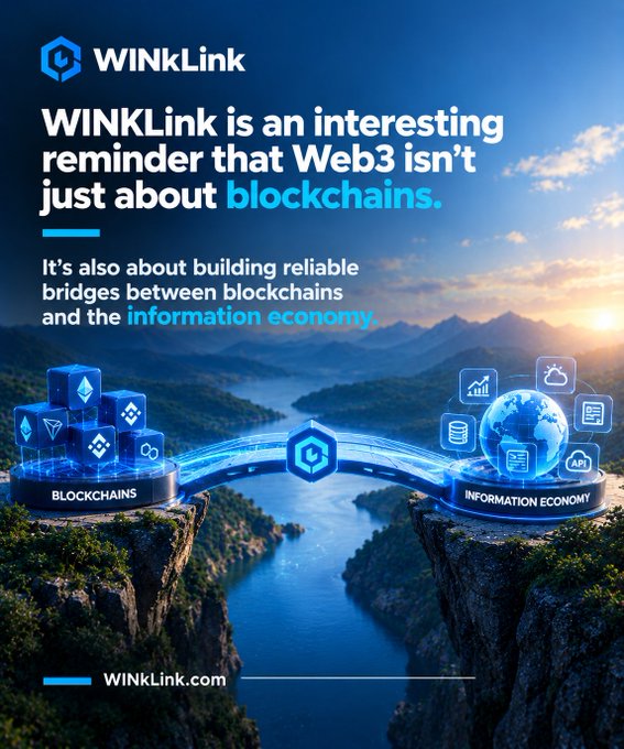 A promotional graphic for WINLink stating 'WINLink is an interesting reminder that Web3 isn't just about blockchains,' showing a visual bridge connecting blockchains to the information economy over a scenic landscape, with WINKLink.com at the bottom.