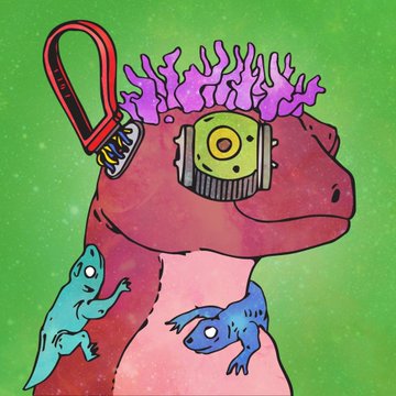 A colorful cartoon illustration of a pink dinosaur with purple brain-like frills and a robotic eye, holding a red sword on its head, against a green starry background, accompanied by two small blue lizard-like creatures.