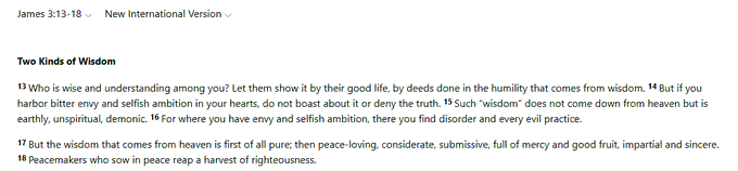 A screenshot of Bible verses from James 3:13-18 (NIV) under the heading "Two Kinds of Wisdom," discussing worldly versus heavenly wisdom.
