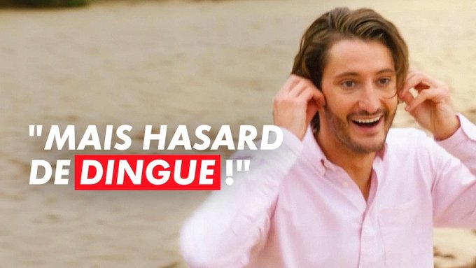 The image shows a man in a pink shirt with a surprised, excited expression, his hands near his ears as if reacting to incredible news. Overlaid French text reads "MAIS HASARD DE DINGUE!" ("But what crazy luck!"), which humorously mirrors the poster's enthusiastic tone about an unexpectedly bullish crypto opportunity.