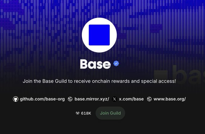 Base cryptocurrency guild promotional image with a 'Join Guild' button, showing 618K members and links to github.com/base-org, x.com/base, and www.base.org/.