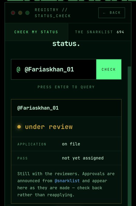 A dark-themed status check webpage titled 'REGISTRY // STATUS_CHECK' shows a query for '@Fariaskhan_01' returning a result of 'under review' with application 'on file' and pass 'not yet assigned.'