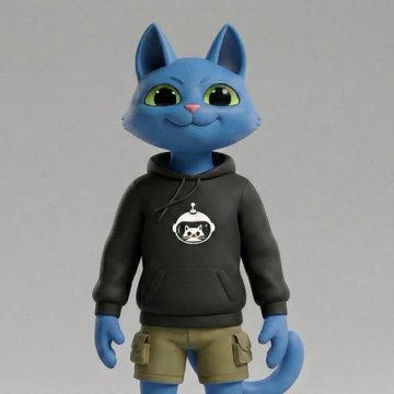 A 3D rendered blue cartoon cat character wearing a black hoodie with a logo and olive green cargo shorts stands against a plain gray background.