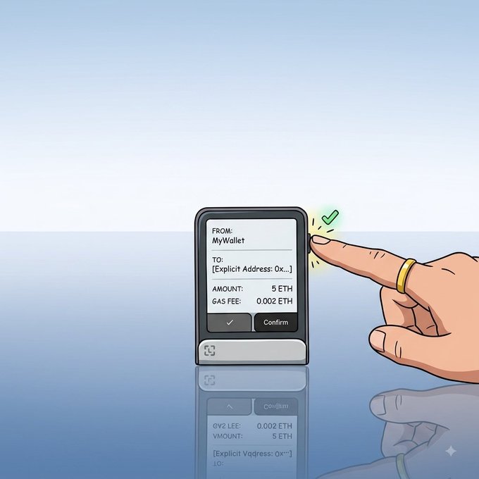 An illustration of a hand tapping a green checkmark to confirm a cryptocurrency transaction of 5 ETH (with a 0.002 ETH gas fee) from 'MyWallet' to an explicit address.