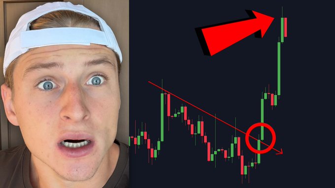 A shocked young man wearing a backwards white cap appears alongside a Bitcoin price chart showing a breakout above a descending trendline, marked with a red circle and arrow pointing upward to indicate the surge—visually illustrating the post's claim that this technical breakout is "WHY #BITCOIN PUMPED."