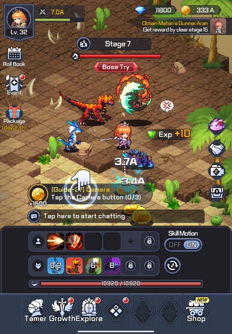 A mobile RPG game screen showing a player at Level 32 fighting a dinosaur boss named 'Gunner Aran' on Stage 7, with skill icons and HP bar (10920/10920) visible at the bottom.