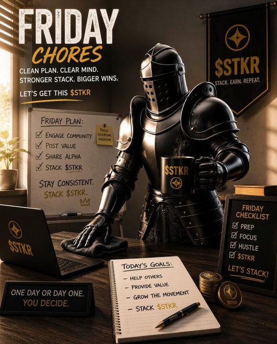 A promotional graphic titled 'FRIDAY CHORES' featuring a knight in armor holding an $STKR mug, surrounded by motivational text about stacking $STKR, with a Friday plan whiteboard listing community engagement tasks.