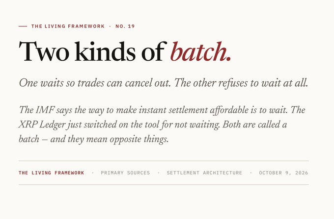 An editorial header titled 'Two kinds of batch' from 'THE LIVING FRAMEWORK · NO. 19,' discussing IMF and XRP Ledger settlement approaches, dated October 9, 2026.