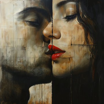A close-up painting of a woman's face split down the middle with bold red lips and closed eyes, reflecting the introspective themes suggested by the titles "All That You Are" and "Puzzled No 6" from the collected NFT works by @NftSunage. The fragmented, puzzle-like rendering of her features visually echoes the "Puzzled" title, while her serene expression conveys identity and self.