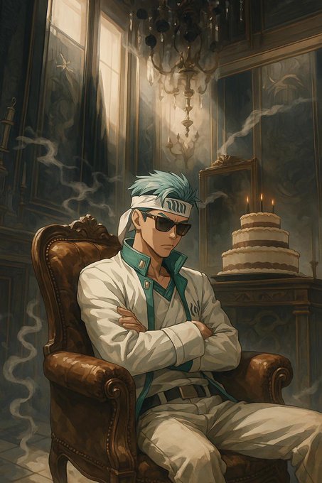 An anime-style illustration shows a character with light blue hair, sunglasses, and a white headband sitting in an ornate chair in a dramatic room with a chandelier, candles, and a tiered cake.