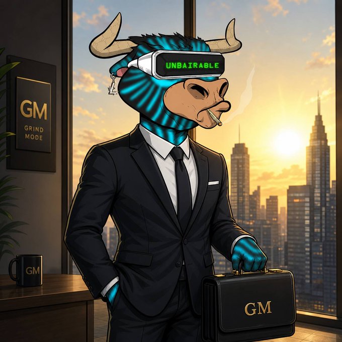 A cartoon bull wearing a VR headset displaying "UNBAIRABLE" and a sharp suit holds a briefcase marked "GM," standing in a sleek office with a "GM GRIND MODE" plaque and matching mug, with a sunset cityscape behind — embodying the "Gm to all the monkey makers" hustle energy.