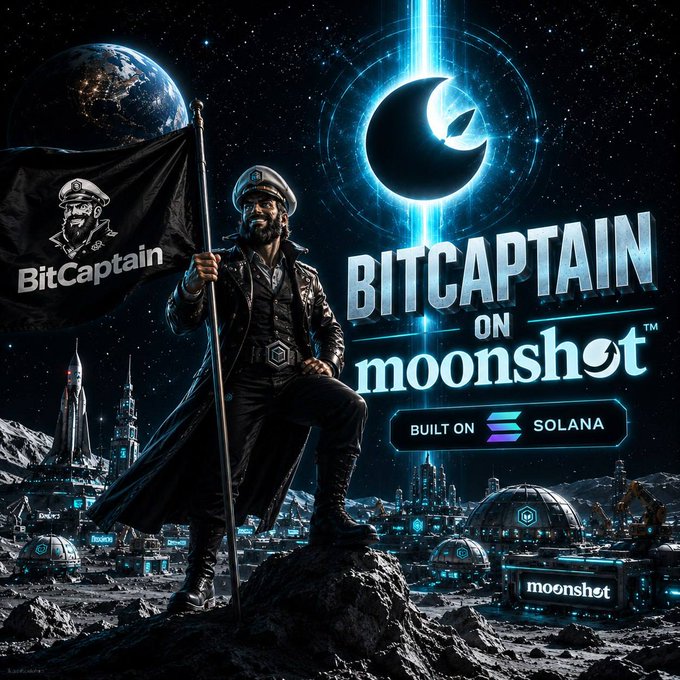 The image features a man standing on top of a rock, holding a flag that has "bit captain" written on it. The man appears to be wearing a hat and a cape, giving him a commanding presence. In the background, there are several buildings, possibly representing different planets or settlements in the solar system. The caption at the bottom of the image reads: "Calling all Solana holders! BitCaptain is leading the mission! Launched on Moonshot via Solana. Speed, power, and the target is the moon!"