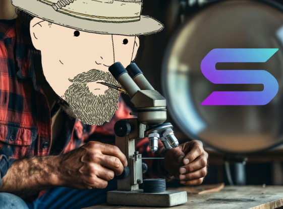 An illustrated cartoon bearded man in a cowboy hat and plaid shirt using a microscope, overlaid with a glowing blue and purple Solana 'S' logo on the right.